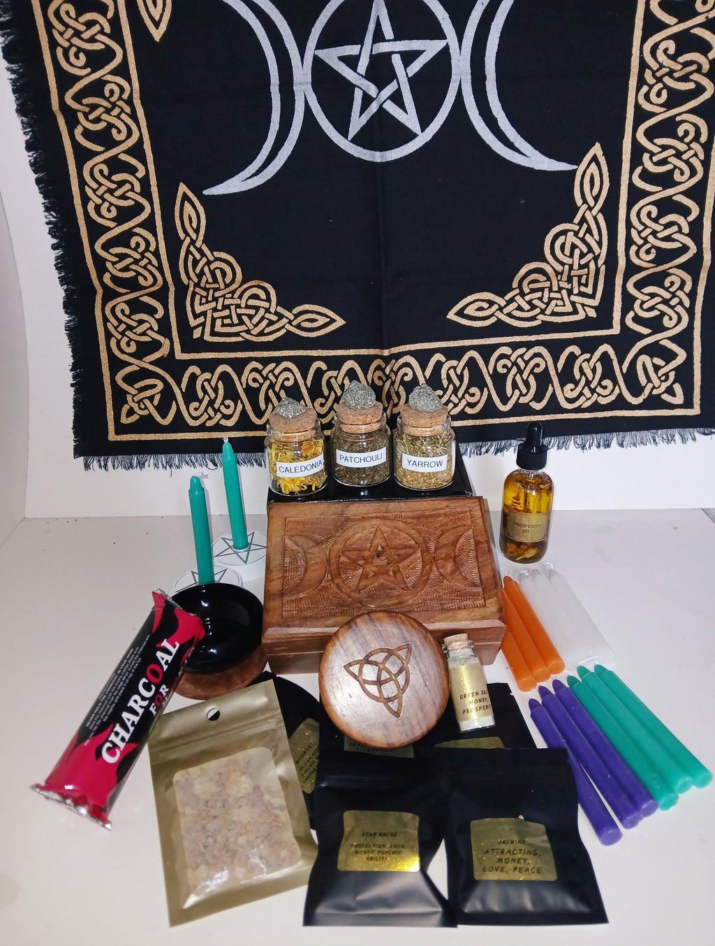 Witch Starter Kit: Wiccan Altar Box with Herbs, Candles & Resin