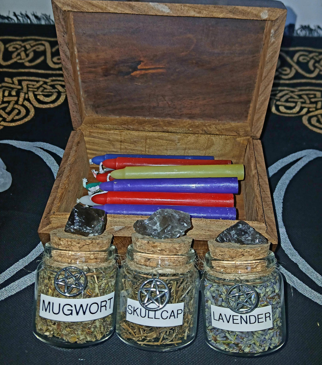 Witch Starter Kit: Wiccan Altar Box with Herbs, Crystals, and Candles