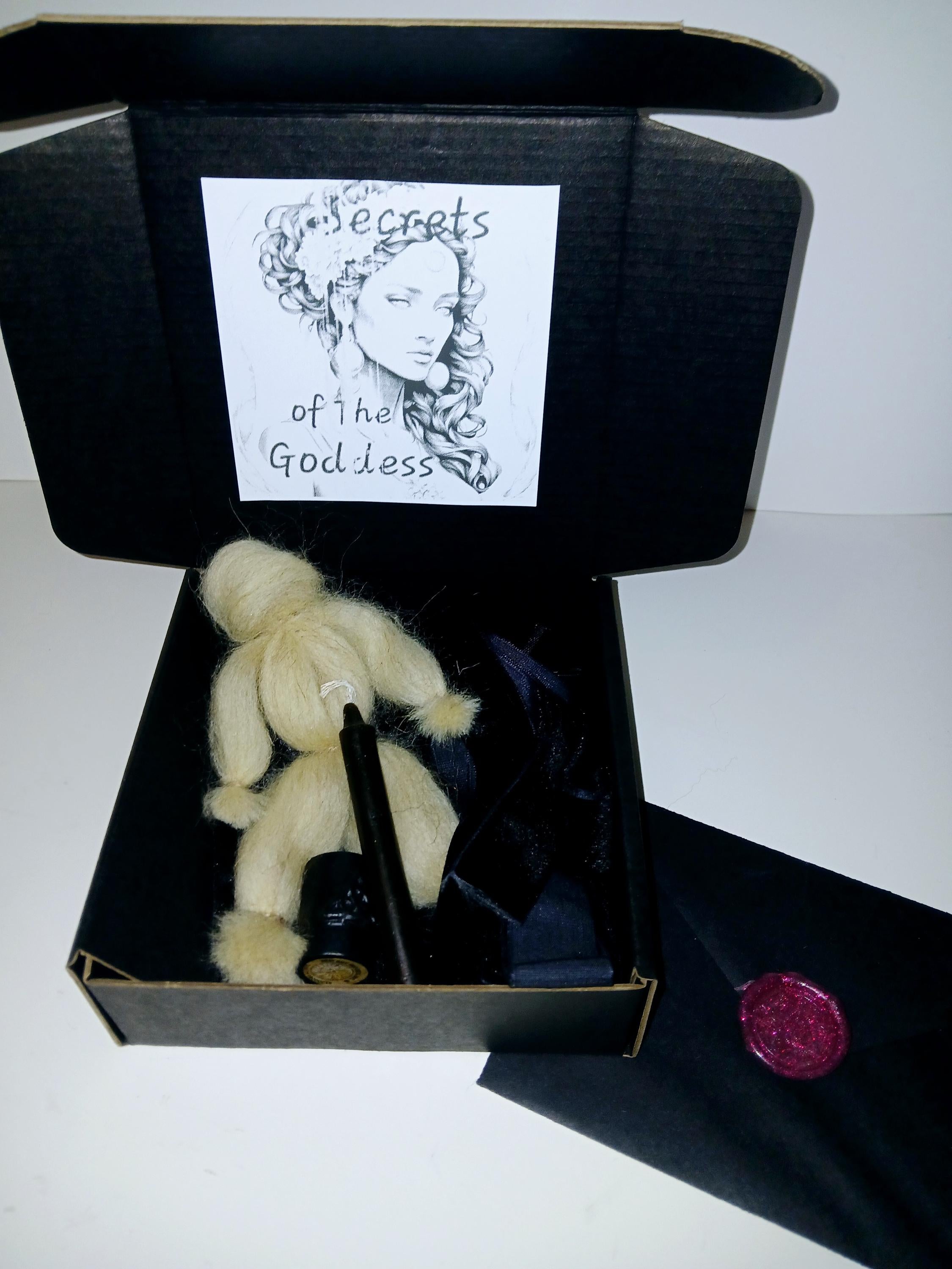 Binding Spell Kit: Merino Wool Poppet, Black Candle & Ribbon