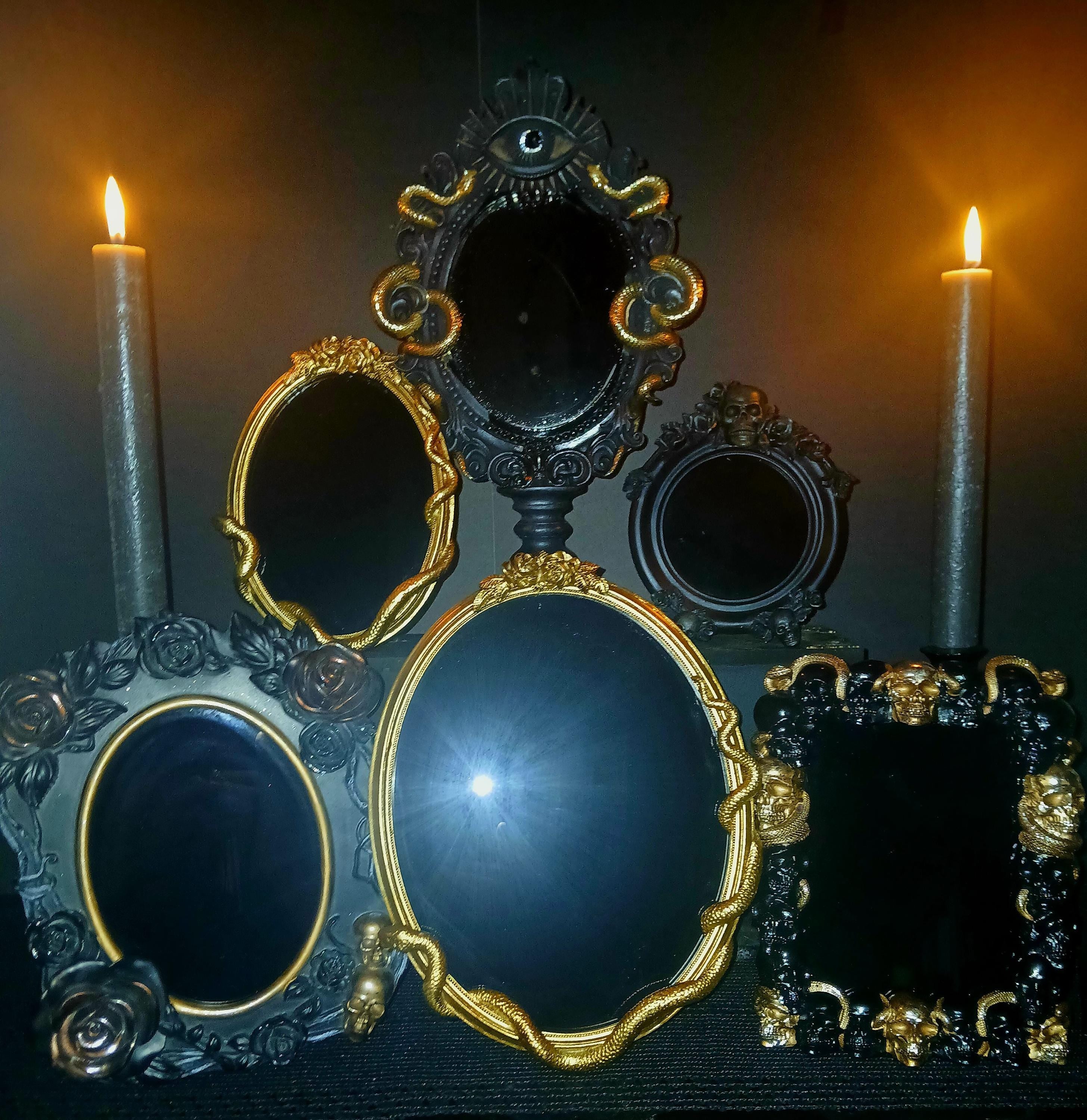 Black Scrying Mirror: Gothic Witchcraft Divination, Skull & Snake Design Witches mirror
