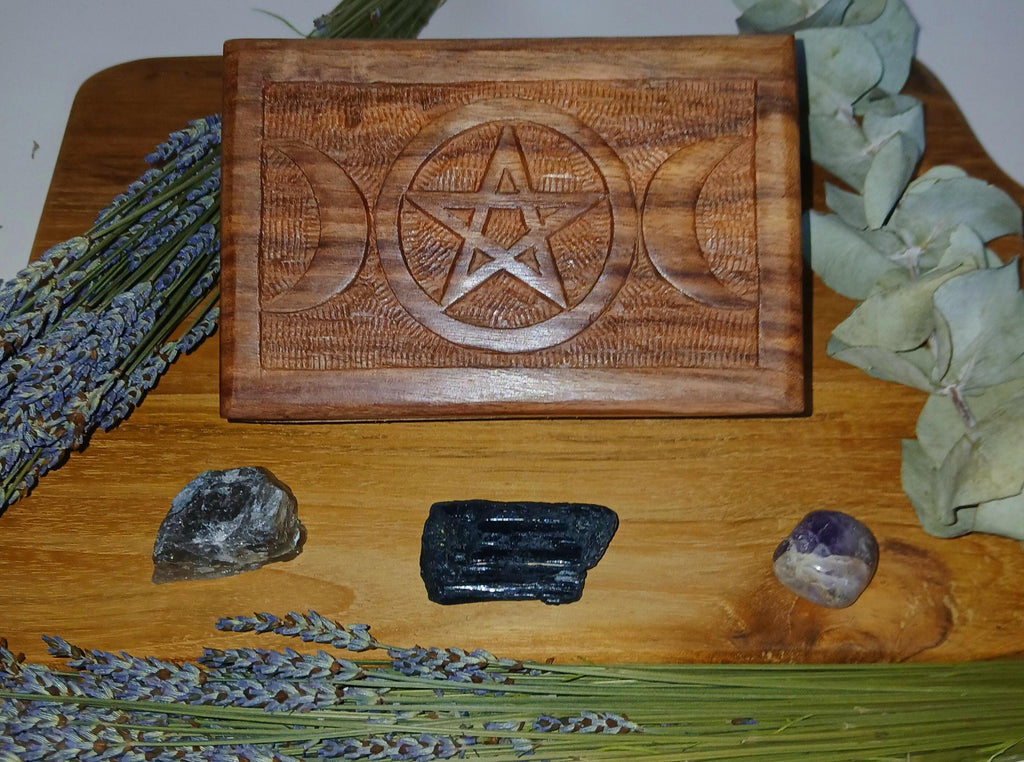 Triple Moon Pentacle Wooden Box: Witch Altar Storage (4x6 inches)